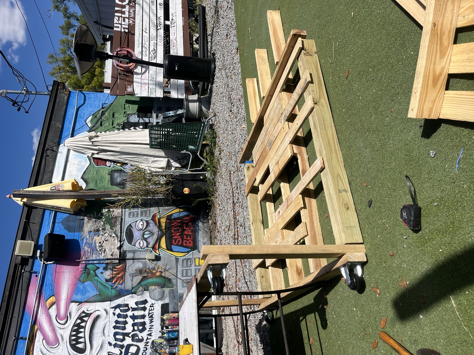 The frame skeleton with caster wheels, early in the build